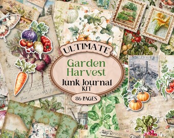 May include: A digital collage kit for junk journaling featuring a variety of images with a garden harvest theme. The kit includes 86 pages of images with vegetables, fruits, flowers, and other garden elements. The title of the kit is "Ultimate Garden Harvest Junk Journal Kit".