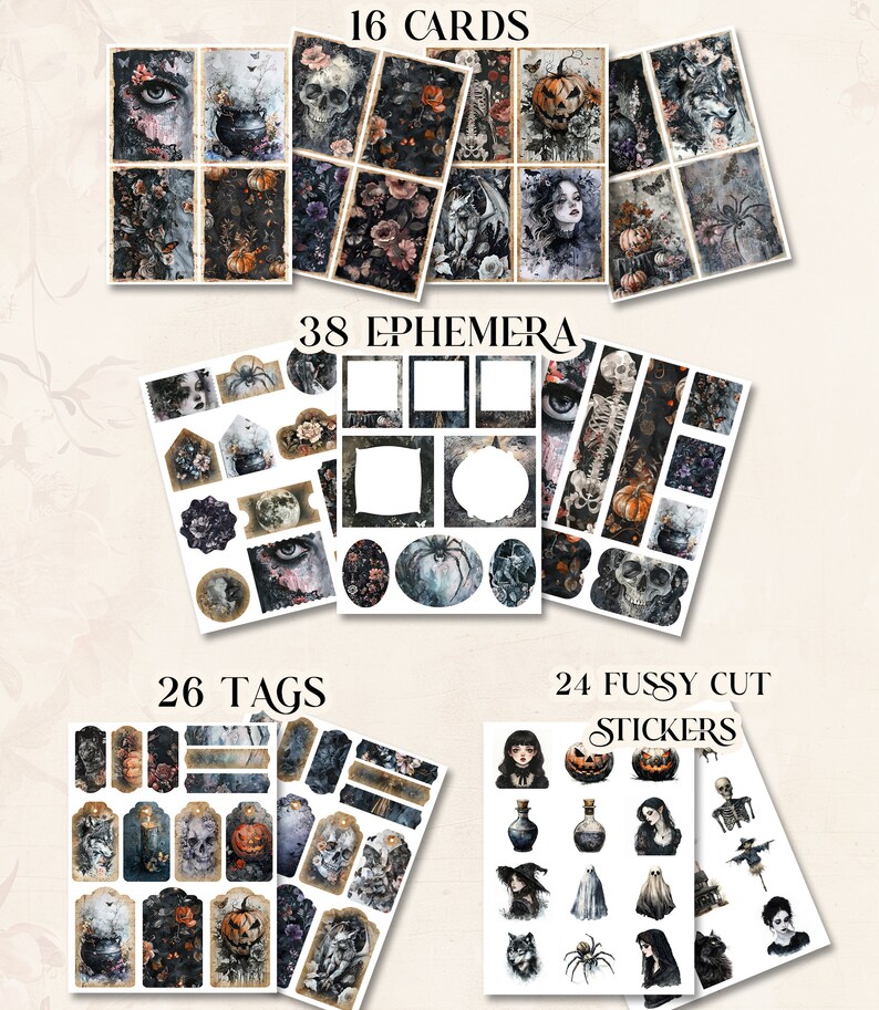May include: A selection of Halloween-themed paper ephemera, including 16 cards, 38 ephemera pieces, 26 tags, and 24 stickers. The designs feature skulls, pumpkins, and floral patterns in dark, muted colours. The text "16 CARDS", "38 EPHEMERA", "26 TAGS", and "24 FUSSY CUT STICKERS" is visible.
