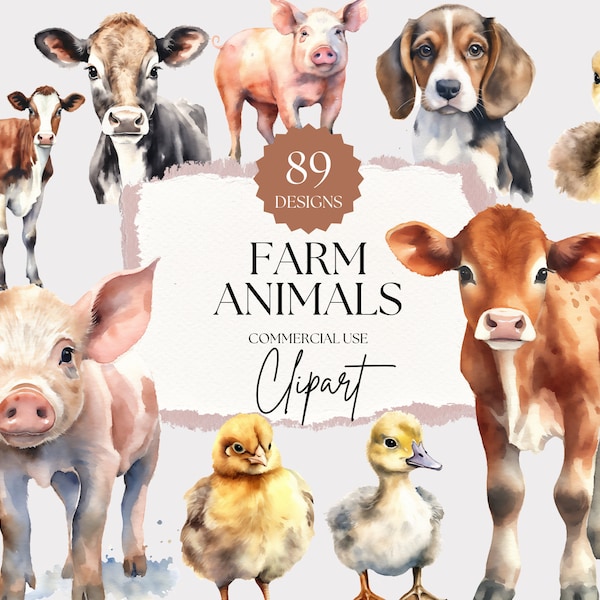 Farm Watercolor Clipart Farm | Baby Farm Animals, Digital Crafting, Nursery Clipart, Farm Nursery Watercolor Clipart, Commercial Use