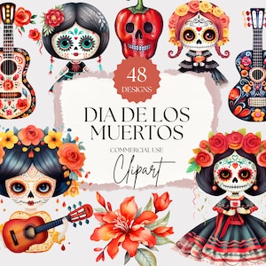 Cute Watercolor Dia De Los Muertos Clipart | Dia De Los Muertos, Sugar Skull Clipart, Day Of The Dead Png, Mexican Clipart,Mexican Halloween