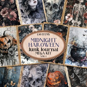 May include: A collage of digital art with a Halloween theme. The images feature a skull, a carved pumpkin, and floral designs. The central text reads "Midnight Halloween Junk Journal Mega Kit Vol 1" with "150 Items" above.