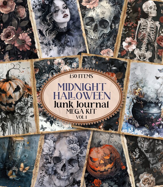 Midnight Halloween Junk Journal Kit Goth Halloween Pages Printable Junk Journal Folio Ephemera Junk Journal Dark Halloween Fussy Cut [VF055]