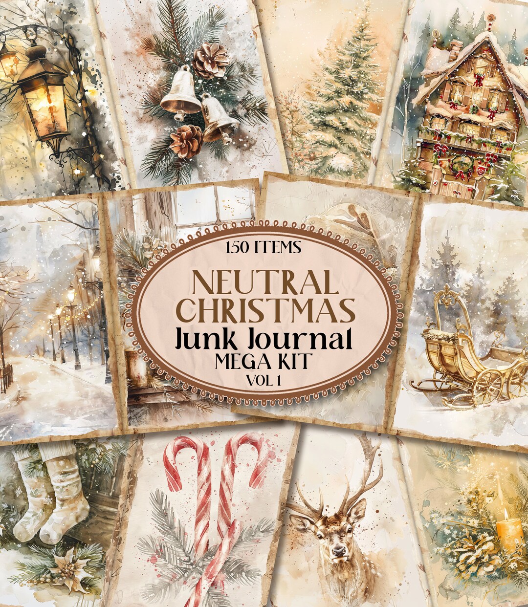 Beige Christmas Junk Journal Kit Mixed Media Holiday Junk Journal ...