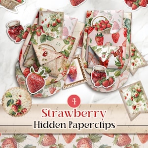 Kit de carnet de notes caché fraises avec pochettes pour trombone Kit de trombones cachés fraises Kit éphémères de jardinage fraises shabby chic [VF212]