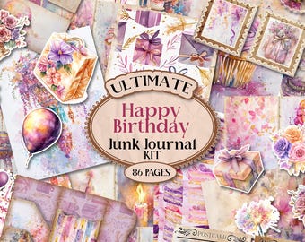 Happy Birthday Junk Journal Kit Birthday Folio Junk Journal Kit Printable Party Folio Kit Scrapbook Paper Bday Junk Journal [VF169]