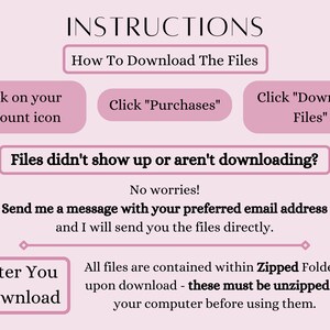 Puede incluir: Gr&aacute;fico rosa y blanco con instrucciones sobre c&oacute;mo descargar archivos. El texto dice "Haz clic en el icono de tu cuenta", "Haz clic en "Compras"", "Haz clic en "Descargar archivos"", "&iquest;Los archivos no se muestran o no se est&aacute;n descargando?", "&iexcl;No te preocupes! Env&iacute;ame un mensaje con tu direcci&oacute;n de correo electr&oacute;nico preferida y te enviar&eacute; los archivos directamente.", "Despu&eacute;s de descargar", y "Todos los archivos est&aacute;n contenidos en carpetas comprimidas al descargarlos - deben descomprimirse en tu computadora antes de usarlos."