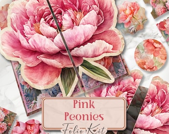 Peony Junk Journal Folio Junk Journal Kit druckbare Folio Seiten shabby chic Folio Pfingstrosen druckbare Seiten Folio Kit Scrapbook-Papier [VF131]