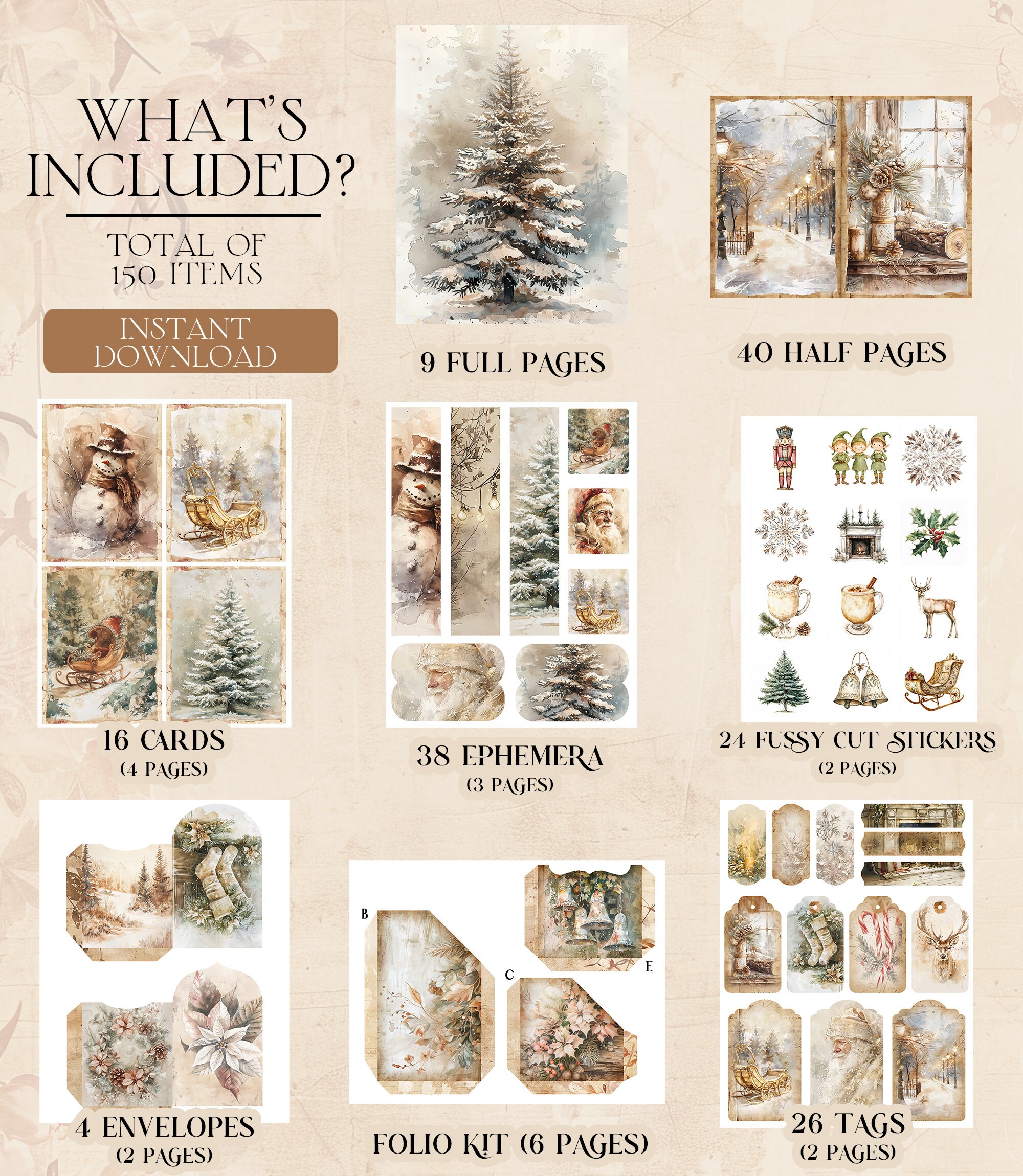 Beige Christmas Junk Journal Kit Mixed Media Holiday Junk Journal ...