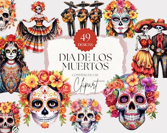 May include: A set of 49 digital illustrations featuring Day of the Dead imagery. The illustrations include skeletons, sugar skulls, flowers, and traditional Mexican clothing. The text "Dia de los Muertos" is featured in the center of the image.  Commercial use clipart.