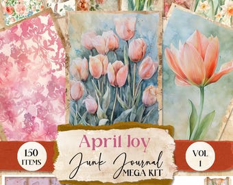 May include: A digital scrapbook kit with 150 items for junk journaling. The kit features a spring theme with pink tulips, a bunny rabbit, and floral patterns. The title of the kit is "April Joy Junk Journal Mega Kit Vol 1".
