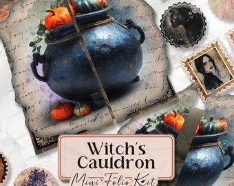 May include: A collage featuring a blue witch's cauldron overflowing with pumpkins and greenery. The image includes decorative elements like stamps and circular designs with gothic illustrations. The text "Witch's Cauldron Mini Folio Kit" is displayed.