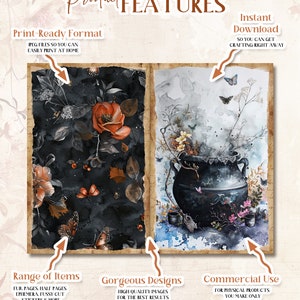 May include: Digital art print with two panels showcasing floral and butterfly designs. One panel has a dark background with orange flowers and butterflies. The other panel shows a black cauldron with flowers and butterflies. Text includes "Product Features", "Print-Ready Format", "Instant Download", "Range of Items", "Gorgeous Designs", and "Commercial Use".