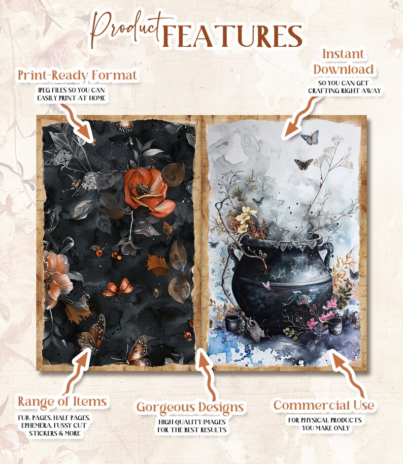 May include: Digital art print with two panels showcasing floral and butterfly designs. One panel has a dark background with orange flowers and butterflies. The other panel shows a black cauldron with flowers and butterflies. Text includes "Product Features", "Print-Ready Format", "Instant Download", "Range of Items", "Gorgeous Designs", and "Commercial Use".