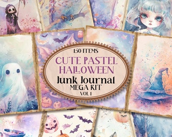May include: A collection of watercolor illustrations with a pastel Halloween theme. The images include an owl, a ghost, a witch's hat, a black cat, pumpkins, and bats. The text reads "Cute Pastel Halloween Junk Journal Mega Kit Vol 1" with 150 items.