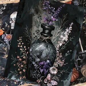 May include: A gothic-style artwork depicting a black bottle adorned with floral and butterfly motifs, containing purple flowers. The artwork has a vintage feel, with a skull and floral elements in the background. The colour scheme includes black, purple, and muted tones.