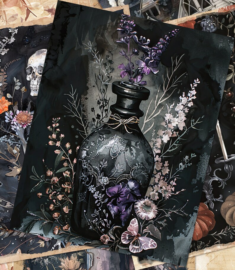 May include: A gothic-style artwork depicting a black bottle adorned with floral and butterfly motifs, containing purple flowers. The artwork has a vintage feel, with a skull and floral elements in the background. The colour scheme includes black, purple, and muted tones.