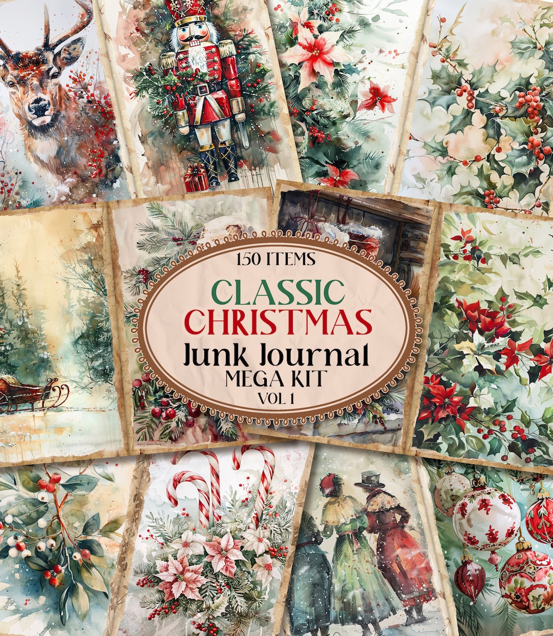 Christmas Junk Journal Kit Mixed Media Holiday Junk Journal Paper ...