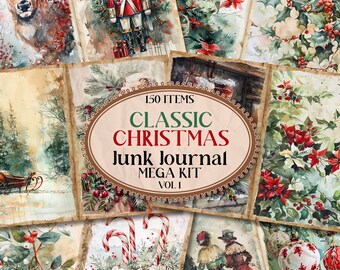 May include: A collage of vintage-style Christmas images, including a nutcracker, a deer, holly, poinsettias, candy canes, and ornaments. The text "150 ITEMS CLASSIC CHRISTMAS Junk Journal MEGA KIT VOL. 1" is in the center of the collage.
