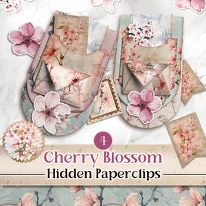 Kit de diario con bolsillos ocultos con clips de papel y diseño de flor de cerezo. Kit de clips ocultos Sakura. Kit de efímeras de flor de cerezo. Estilo shabby chic [VF218]