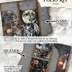 May include: A gothic-themed folio kit with a haunted house, full moon, and gargoyle illustrations. The kit contains 6 pages with pockets and attached envelopes. The outside design features floral and butterfly motifs. Construction instructions are included.