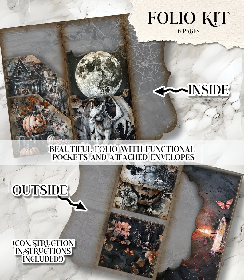 May include: A gothic-themed folio kit with a haunted house, full moon, and gargoyle illustrations. The kit contains 6 pages with pockets and attached envelopes. The outside design features floral and butterfly motifs. Construction instructions are included.