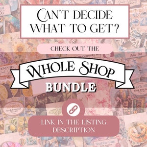 May include: A promotional image with text that reads "Can't Decide What to Get?" and "Whole Shop Bundle." The image features various junk journal kits with floral and butterfly designs, including "Chicken Toile," "Dragonfly," and "Blue Butterfly" kits. The text encourages viewers to check the listing description for a link.