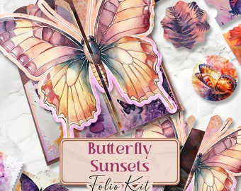 May include: A digital scrapbooking kit with watercolor illustrations of butterflies and sunsets. The kit includes a variety of elements, such as butterflies, flowers, and foliage, in shades of purple, pink, orange, and yellow. The text "Butterfly Sunsets Folio Kit" is displayed on a wooden sign.