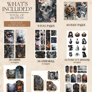 May include: Digital download with 150 items, gothic Halloween theme. Includes full and half pages, cards, ephemera, stickers, envelopes, a folio kit, and tags. Artwork features skulls, pumpkins, and other spooky elements for crafting.