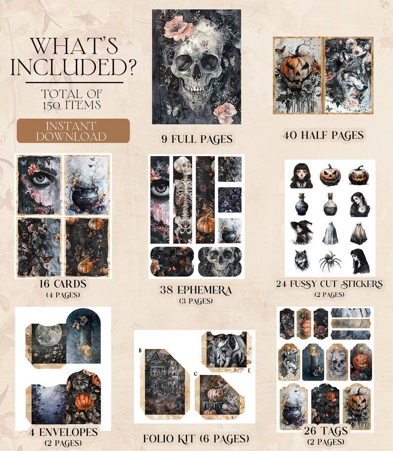 May include: Digital download with 150 items, gothic Halloween theme. Includes full and half pages, cards, ephemera, stickers, envelopes, a folio kit, and tags. Artwork features skulls, pumpkins, and other spooky elements for crafting.