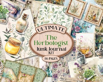 May include: A digital collage kit for junk journaling with a botanical theme. The kit includes 86 pages of images featuring herbs, flowers, bottles, jars, and vintage-style illustrations. The title "Ultimate The Herbologist Junk Journal Kit 86 Pages" is displayed on a brown banner.