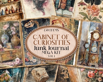 May include: A collage of vintage-style images for junk journaling. The images include a skull, a ram's head, a clock, a butterfly, a vase of flowers, and a bottle of potion. The text on the image reads "150 ITEMS CABINET OF CURIOSITIES Junk Journal MEGA KIT VOL. 1".
