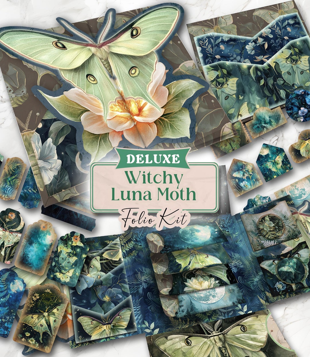 Lunar Witch Junk Journal Kit Printable DELUXE Folio Pages Luna Moth ...