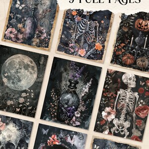 May include: Nine full pages of gothic art prints. The prints feature dark imagery, including skeletons, moons, butterflies, and floral arrangements. The colour palette includes black, grey, and muted tones of red, orange, and purple.