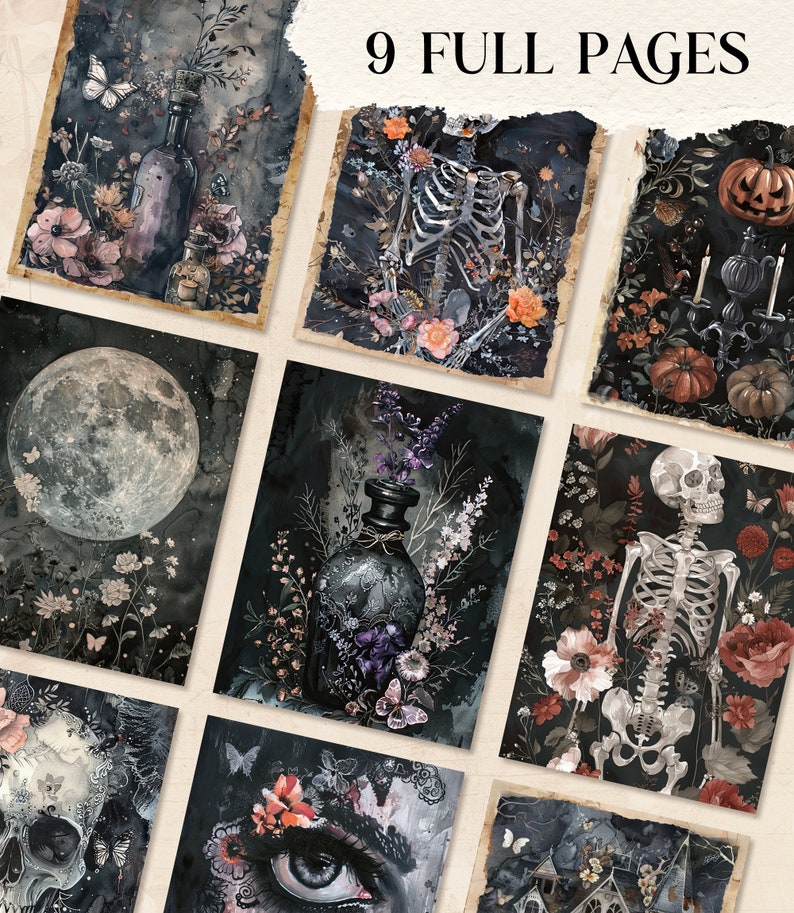 May include: Nine full pages of gothic art prints. The prints feature dark imagery, including skeletons, moons, butterflies, and floral arrangements. The colour palette includes black, grey, and muted tones of red, orange, and purple.