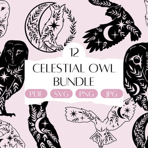 Celestial Owl SVG Bundle, Mystical Witchcraft Clipart, Mystic svg, Minimalist Halloween Witch Bird svg, Witchy Line Art for Cricut