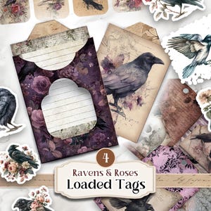 May include: A collection of paper ephemera featuring ravens, skulls, and roses, including loaded tags with lined writing areas, die-cut stickers, and decorative envelopes. The set displays dark floral patterns, vintage script, and the text 4 Ravens & Roses Loaded Tags.