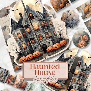 May include: A digital paper kit featuring a haunted house with glowing windows, a full moon, bats, and pumpkins. The kit includes various shapes and sizes of images, including a large haunted house, smaller pumpkins, and a spiderweb. The text "Haunted House Folio Kit" is displayed in a pink rectangle.