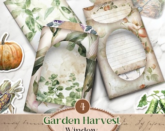 Garden Window Pocket Tags Spring Ephemera Printable Spring Junk Journal Tag Pockets Vintage Floral Junk Journal Kit Vegetable [VF199]