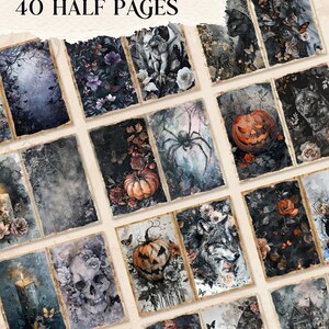 May include: A selection of 40 half pages featuring gothic and Halloween-themed illustrations. The images depict pumpkins, skulls, spiders, wolves, and floral arrangements in dark, moody colours. The text "40 HALF PAGES" is at the top.