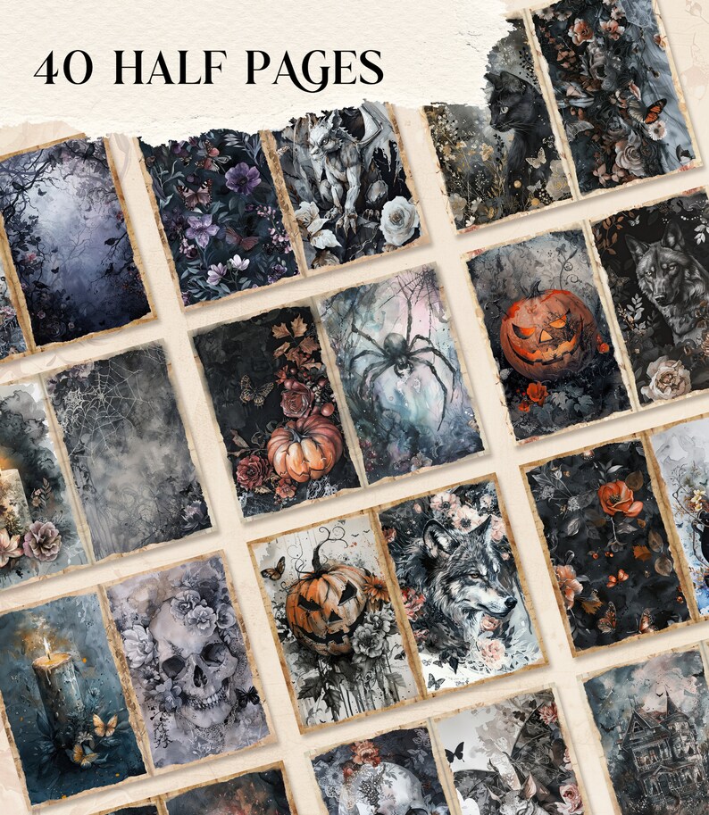 May include: A selection of 40 half pages featuring gothic and Halloween-themed illustrations. The images depict pumpkins, skulls, spiders, wolves, and floral arrangements in dark, moody colours. The text "40 HALF PAGES" is at the top.