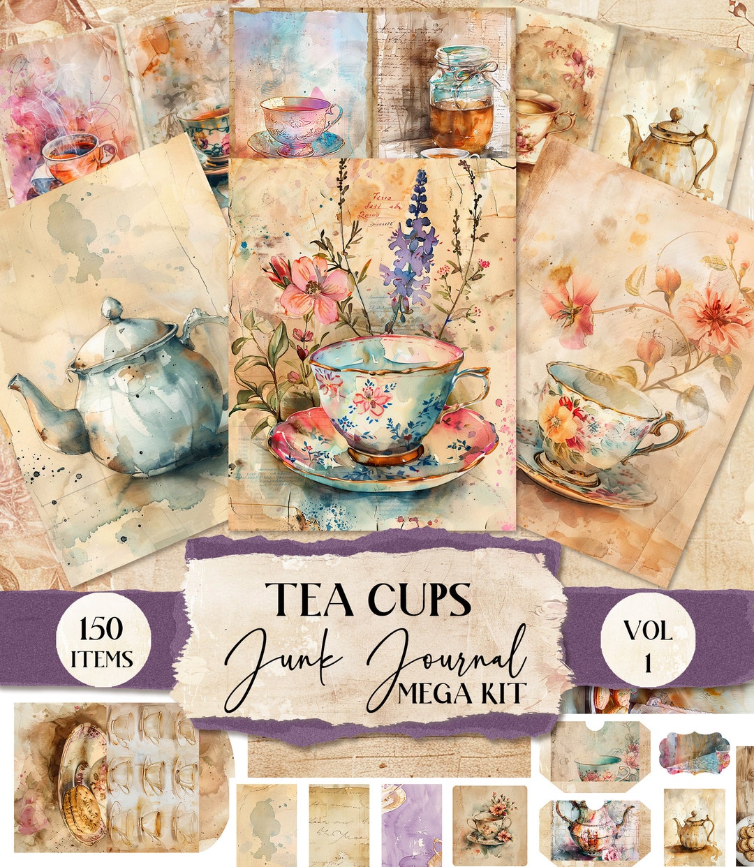 Tea Cup Junk Journal Pages Printable Junk Journal Folio Ephemera Junk ...
