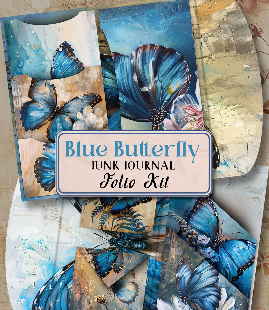 Blue Butterfly Folio Junk Journal Kit Printable Folio Pages Shabby Chic ...