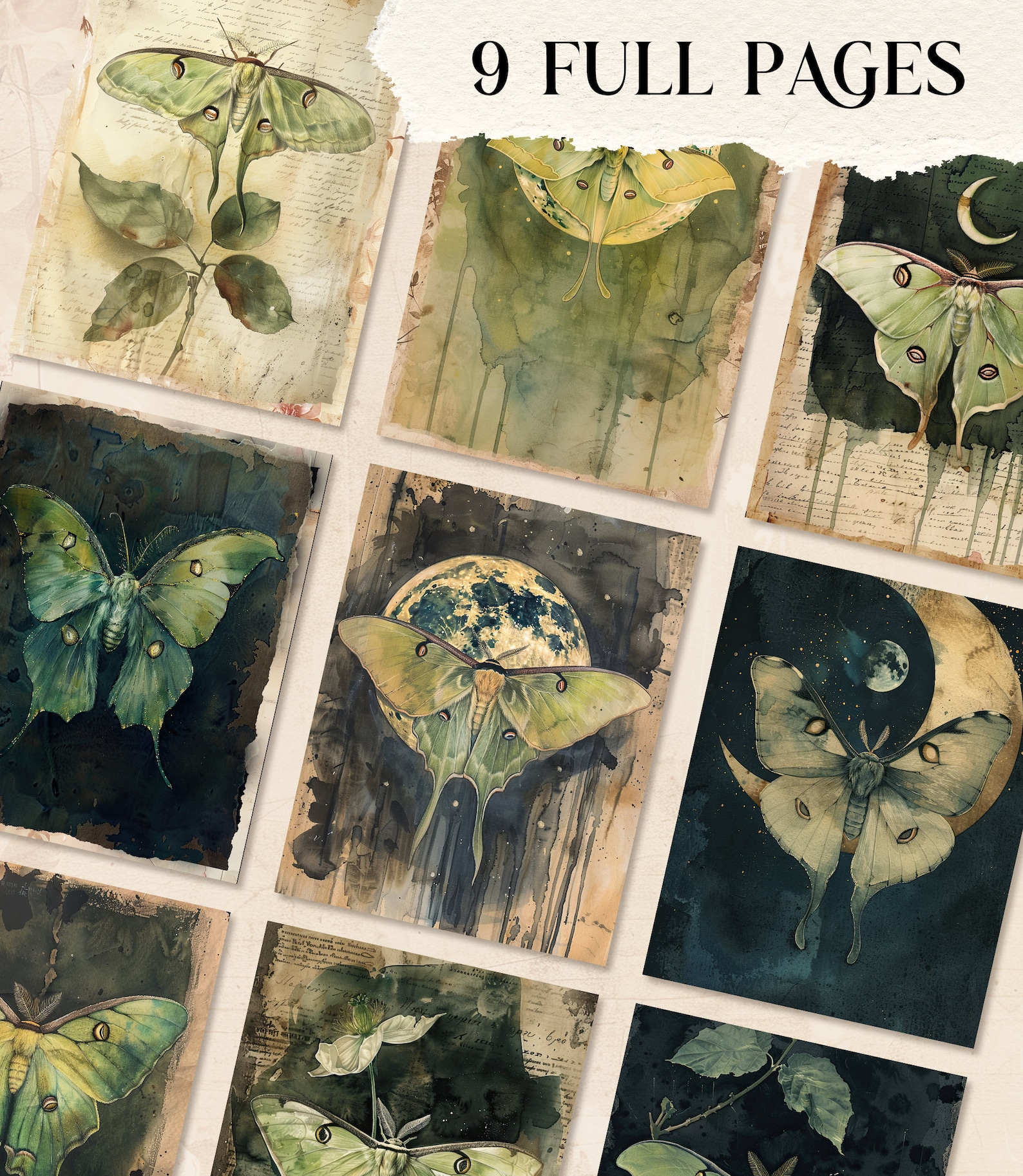 Moth Journal Luna Moth Junk Journal Pages Printable Junk Journal Ephemera Folio Junk ...