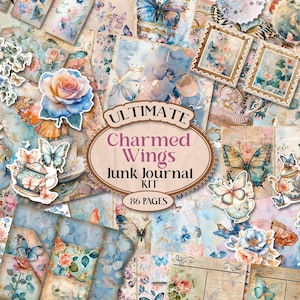 Kit de carnet papillon imprimable pour carnet de bord, kit folio de carnet de voyage, kit de scrapbooking floral vintage éphémère shabby chic, esthétique [VF187]