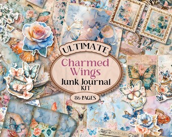Utskrivbart skräpjournalkit med fjärilar Skräpjournalsfoliokit Shabby chic blommig vintage-ephemera blommig scrapbookkit estetiskt [VF187]