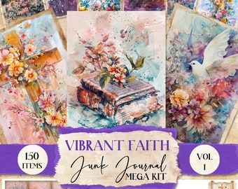 May include: A digital collage kit with 150 items for junk journaling. The kit features a vibrant watercolor style with images of flowers, crosses, doves, books, and a church. The text "Vibrant Faith Junk Journal Mega Kit Vol 1" is displayed on the image.