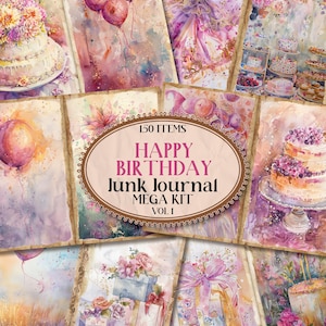 Geburtstag Junk Journal Kit Mixed Media Bday Junk Journal Papier Printable Party Ephemera Folio Junk Journal Geburtstag Scrapbook Papiere [VF161]