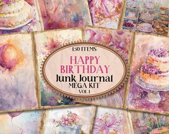 Birthday Junk Journal Kit Mixed Media Bday Junk Journal Paper Printable Party Ephemera Folio Junk Journal Birthday Scrapbook Papers [VF161]