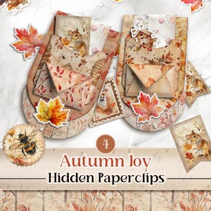 Peut inclure: Un assortiment de trombones et d'éléments décoratifs sur le thème de l'automne. Le design présente des feuilles d'automne, de petits animaux et une abeille. Le texte "Autumn Joy - Hidden Paperclips" est affiché dans une police décorative. La palette de couleurs comprend des tons chauds d'orange, de marron et de beige.