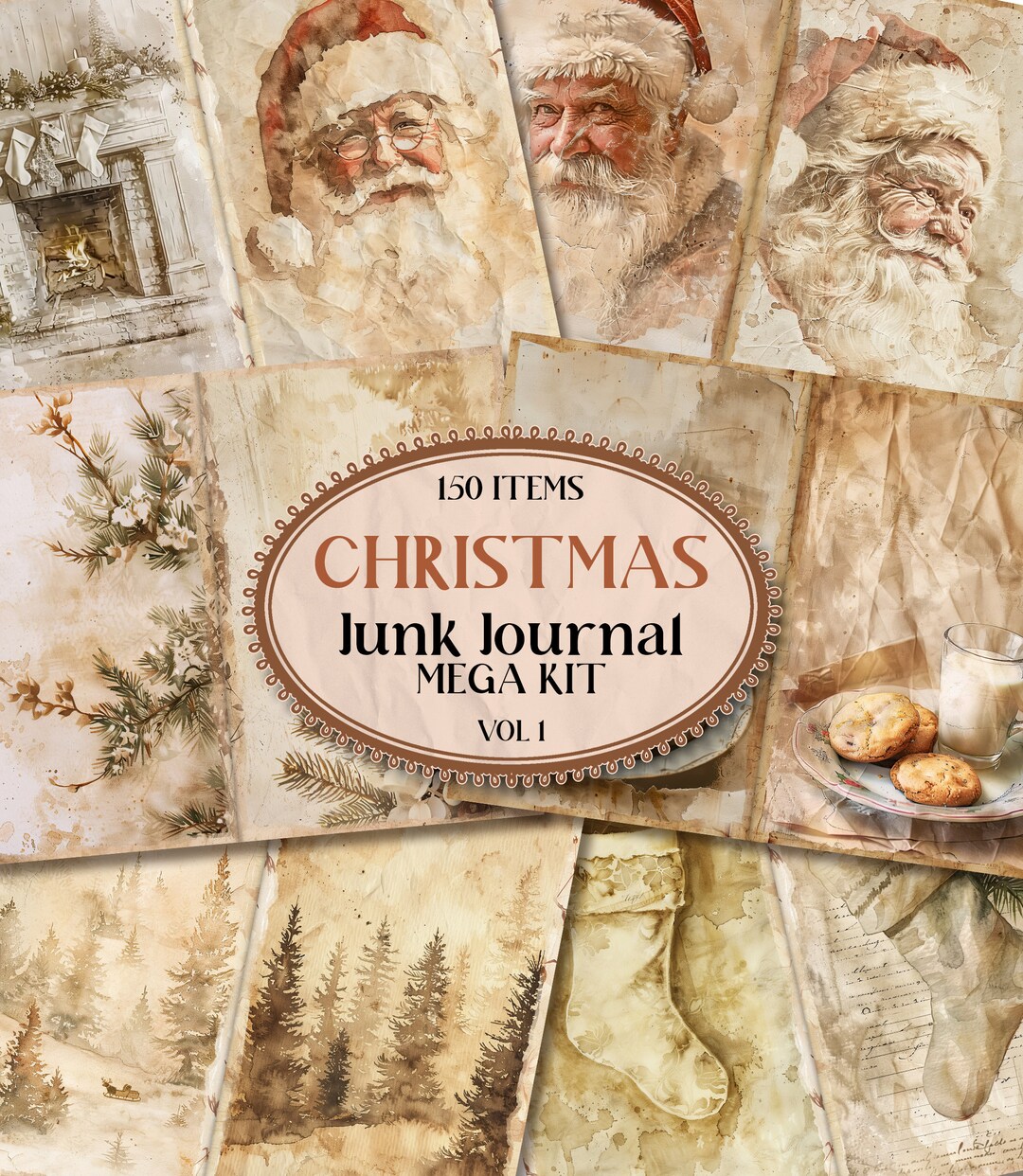 Beige Christmas Junk Journal Kit Mixed Media Holiday Junk Journal Paper ...